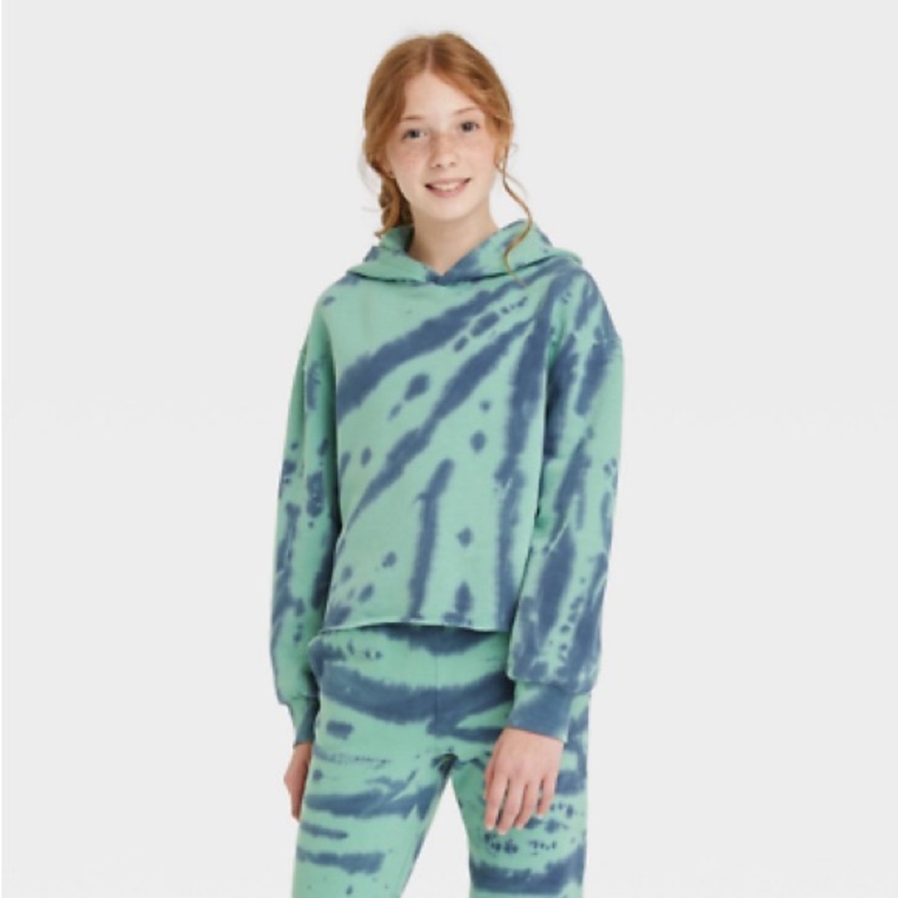 Art Class Blue and Green Tie-Dye Girls Boxy Cropped‎ Hoodie Sweatshirt